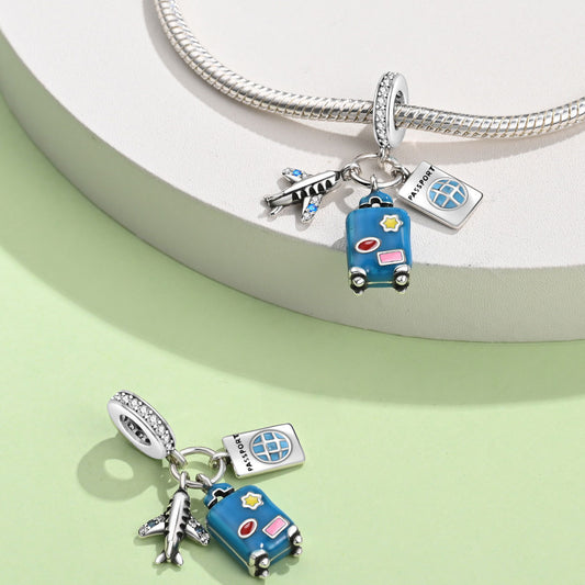 Plane, Passport and Blue Suitcase Triple Dangle Charm