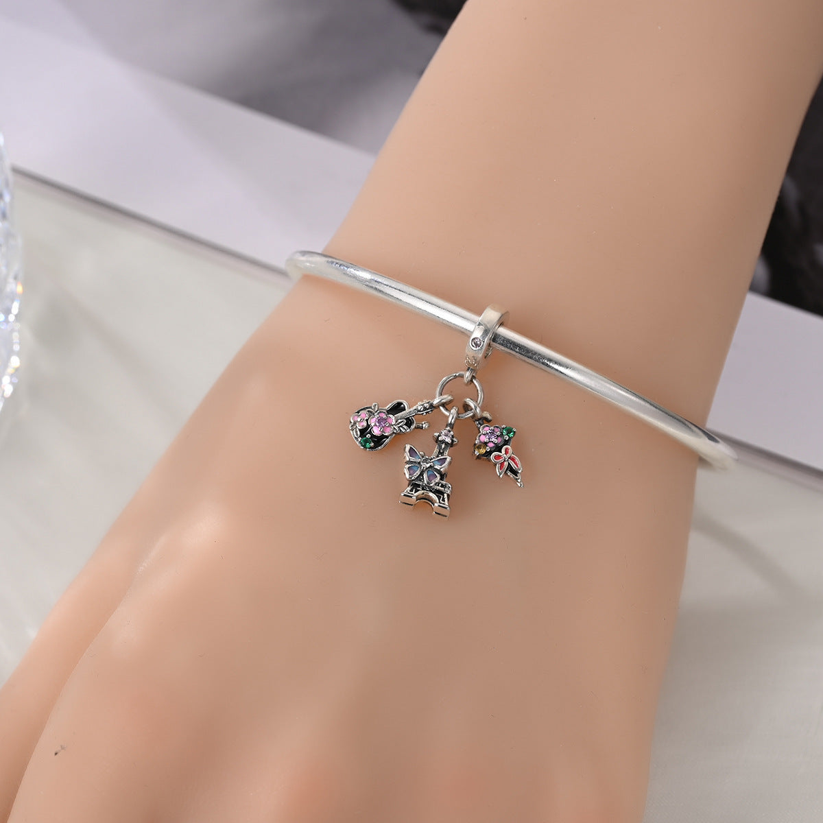 Eiffel Tower, floral guitar and bouquet triple pendant