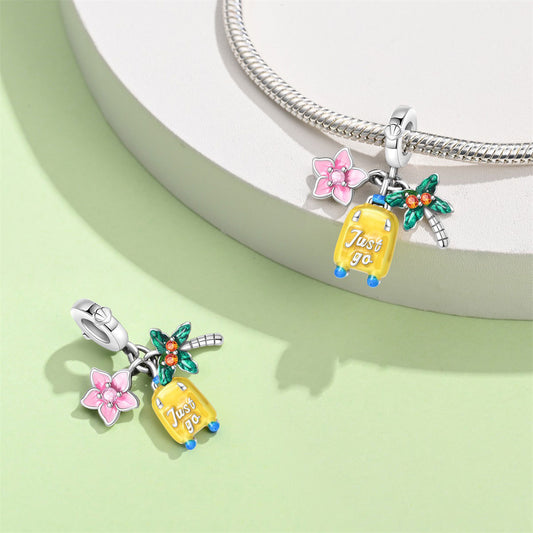 Flowers, coconut trees and luggage cases Triple Dangle Charm
