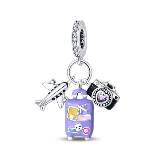Plane, Camera and Purple Suitcase Triple Dangle Charm