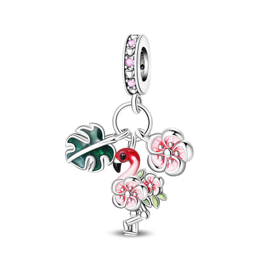 Flamingo, Tropical Leaves & Blossom Flowers Triple Dangle Charm