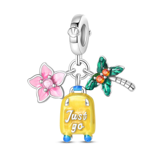 Flowers, coconut trees and luggage cases Triple Dangle Charm