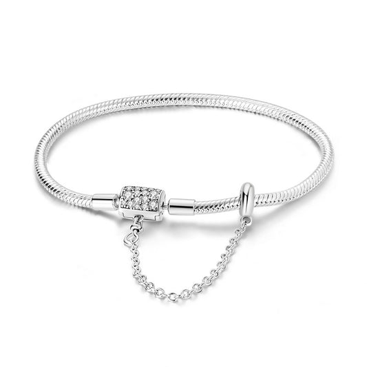 Sterling Silver Bracelet with Sparkling Pavé Clasp and Safety Chain
