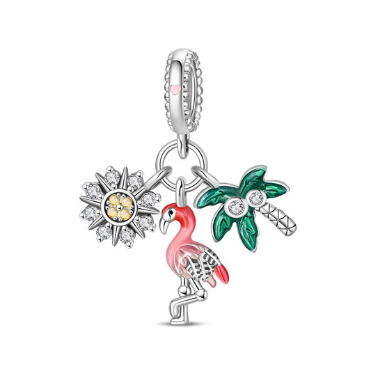 Flamingo, coconut tree and sun triple pendant