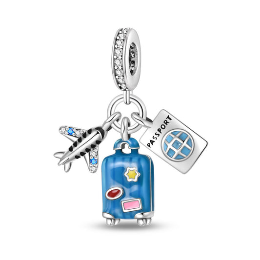 Plane, Passport and Blue Suitcase Triple Dangle Charm