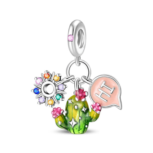 Cactus with Rainbow Flowers & "Hi" Speech Bubble Dangle Charm
