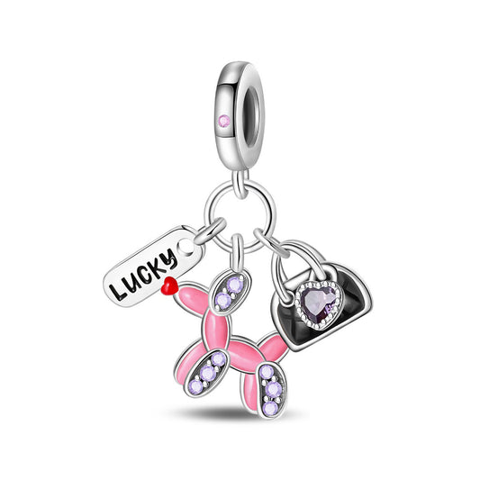 Balloon puppy, heart bag and LUCKY tag triple charm