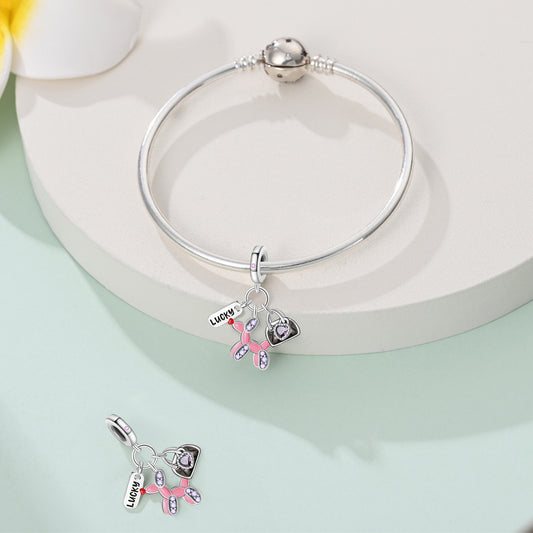 Balloon puppy, heart bag and LUCKY tag triple charm