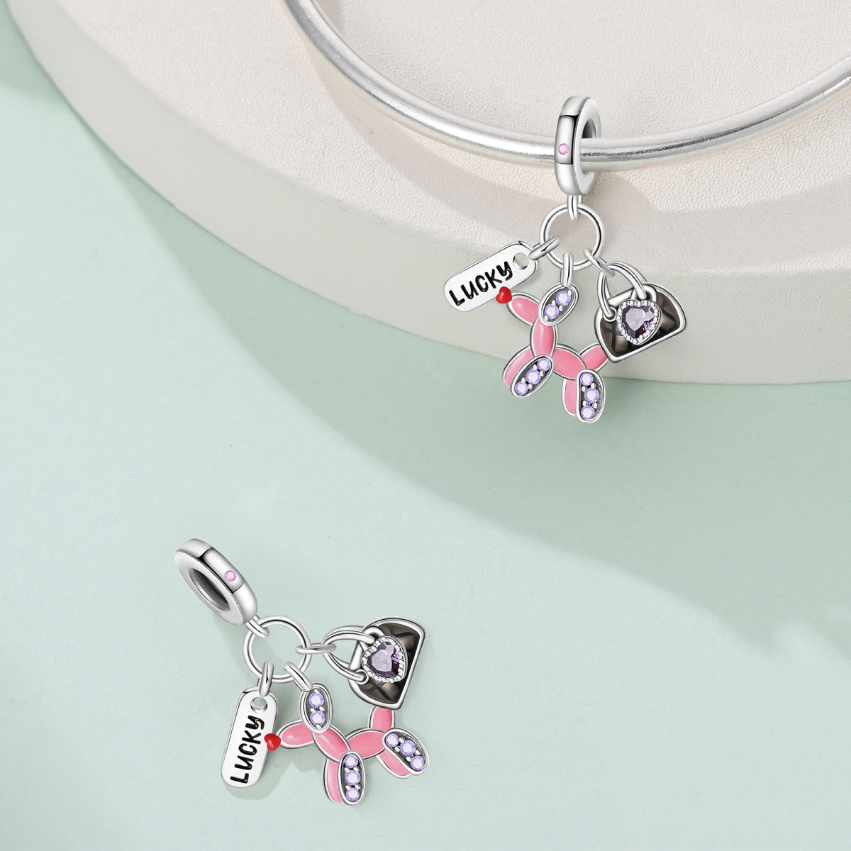 Balloon puppy, heart bag and LUCKY tag triple charm
