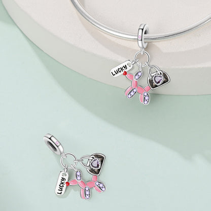 Balloon puppy, heart bag and LUCKY tag triple charm