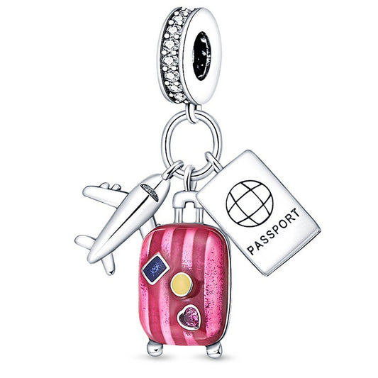 Plane, Passport and Pink Suitcase Triple Dangle Charm